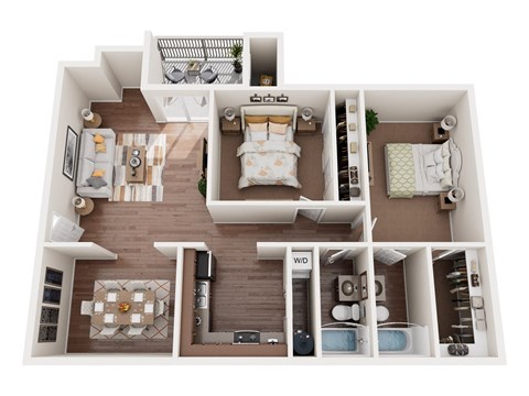 Floor plan for 2 beds, 2 baths, 935 sqft